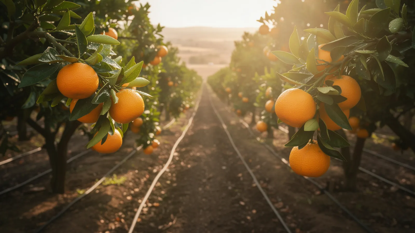 Rows of ripe oranges on the branch in an Egyptian grove