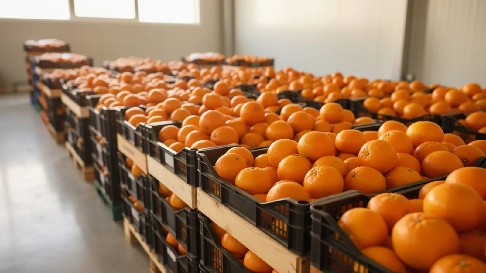 Crates of export-ready oranges at the United Horus packhouse