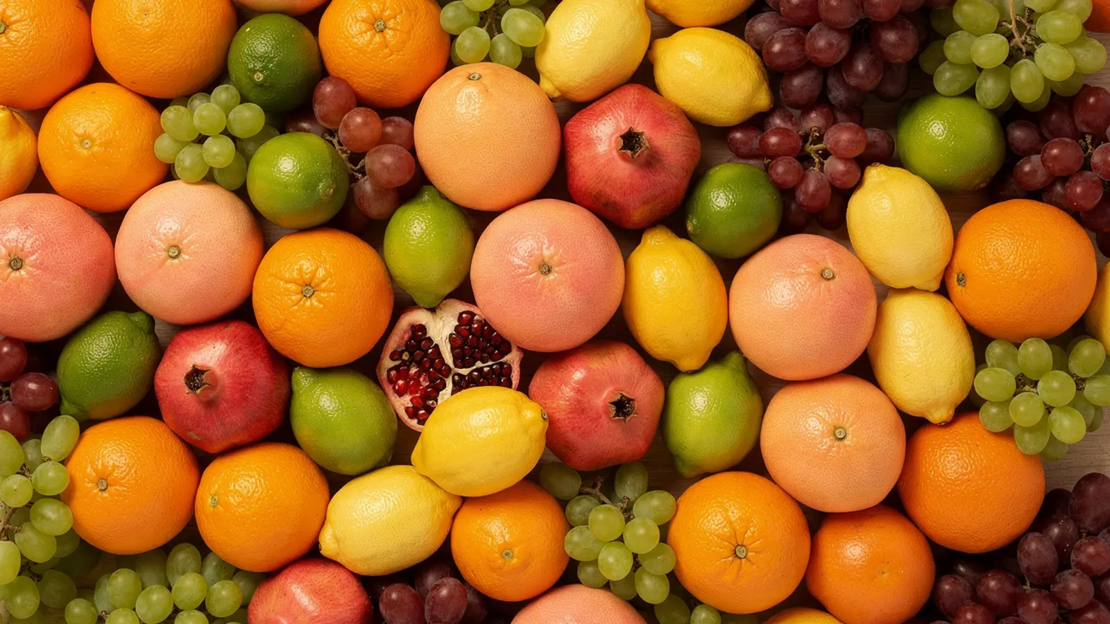An abundant assortment of fresh citrus, pomegranate and grapes